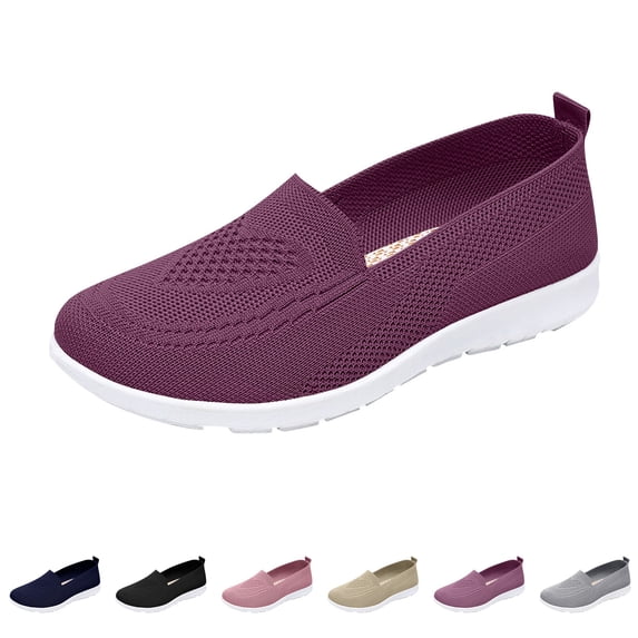Domzle Women's Wide Walking Shoes Slip On Shoes Wide Toe Stretch Mesh Knit Upper Arch Support Lightweight Comfort Sneaker Dark Purple US-7.5