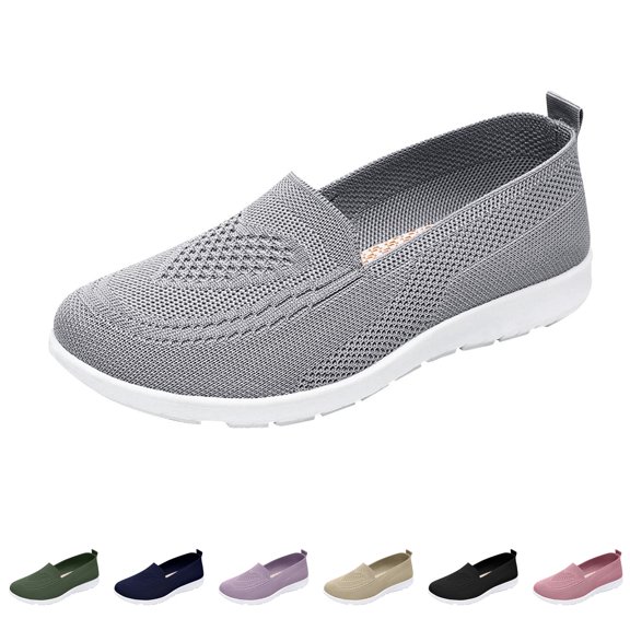 Domzle Women's Wide Walking Shoes Slip On Shoes Wide Toe Stretch Mesh Knit Upper Arch Support Lightweight Comfort Sneaker Gray US-6