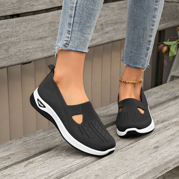 Domzle Women's Woven Orthopedic Breathable Soft Shoes Walking Slip on Diabetic Foam Shoes Hands Free Slip in Sneakers Arch Support Black