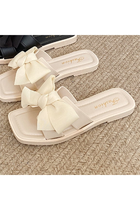 Womens Bow Dressy Low Heel Sandals Slides Summer Chunky Block Heeled Open Toe Mules Slip on Slippers Shoes for Vacation White