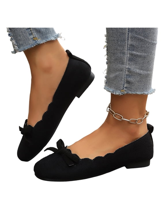 Womens Bowknot Ballet Flats Round Toe Faux Suede | Casual Flat Shoes, Dressy Wear to Work, Slip-Ons Black Wide-6
