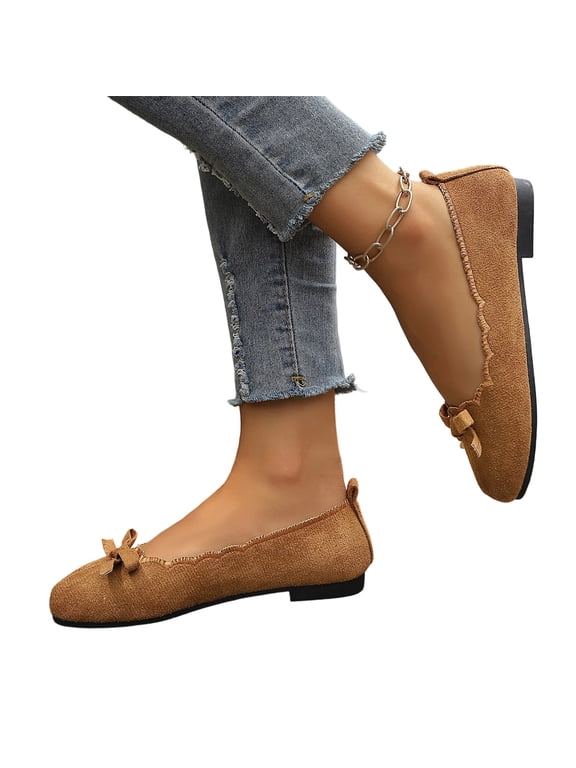 Womens Bowknot Ballet Flats Round Toe Faux Suede | Casual Flat Shoes, Dressy Wear to Work, Slip-Ons Brown Wide-9.5