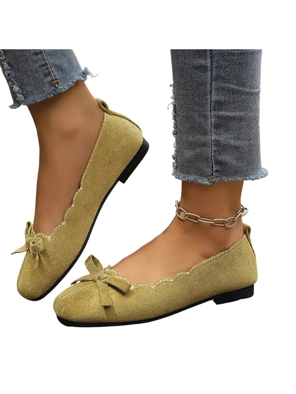 Womens Bowknot Ballet Flats Round Toe Faux Suede | Casual Flat Shoes, Dressy Wear to Work, Slip-Ons Green Wide-6.5