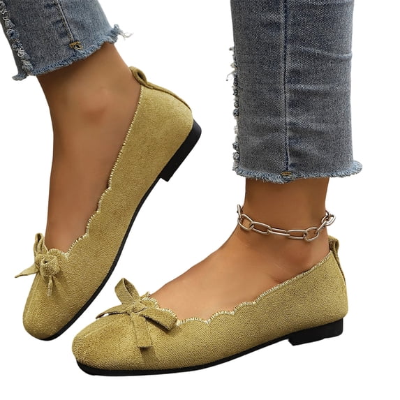 Domzle Womens Bowknot Ballet Flats Round Toe Faux Suede | Casual Flat Shoes, Dressy Wear to Work, Slip-Ons Green Wide-9.5