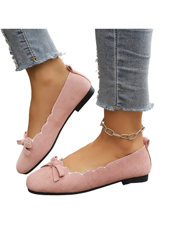 Womens Bowknot Ballet Flats Round Toe Faux Suede | Casual Flat Shoes, Dressy Wear to Work, Slip-Ons Pink Wide-6