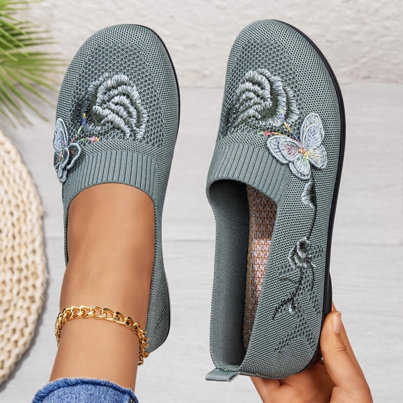 Domzle Womens Butterfly Embroidered Loafers 2026 Orthopedic Shoes Slip on Walking Shoes Breathable Mesh Casual Loafers Lightweight Slip-on Sneakers Green 40