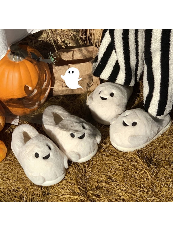 Womens Halloween House Slippers, Cartoon Plush Warm Cozy Ghost Pumpkin Slippers for Women and Men, Indoor Outdoor Winter Home Shoes White