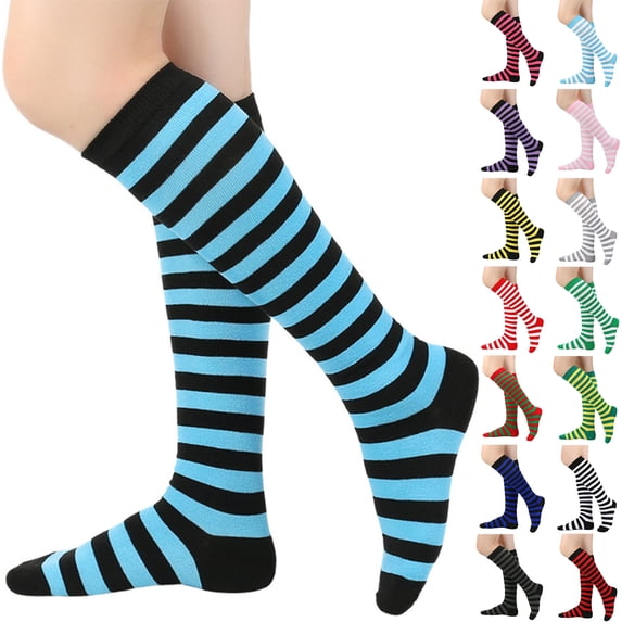 Domzle Womens Knee-high Socks Striped Knee High Socks Extra Long Cotton Knit Long Stockings