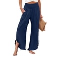 thumbnail image 1 of Domzle Womens Linen Pants Summer 2026 Wide Leg Pants Smocked Waist Ruffle Palazzo Pant Boho Flowy Beach Pant with Pockets Dark Blue M Sweatpants, 1 of 7