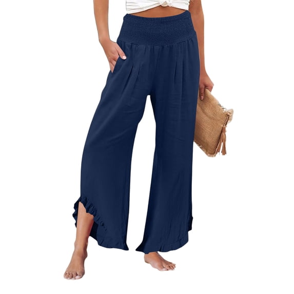 Domzle Womens Linen Pants Summer 2026 Wide Leg Pants Smocked Waist Ruffle Palazzo Pant Boho Flowy Beach Pant with Pockets Dark Blue M Sweatpants