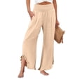 thumbnail image 1 of Domzle Womens Linen Pants Summer 2026 Wide Leg Pants Smocked Waist Ruffle Palazzo Pant Boho Flowy Casual Beach Pant with Pockets Light Brown 3XL Sweatpants, 1 of 7
