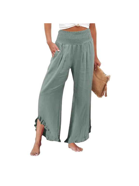 Womens Linen Pants Summer 2026 Wide Leg Pants Smocked Waist Ruffle Palazzo Pant Boho Flowy Casual Beach Pant with Pockets Mint Green S Sweatpants