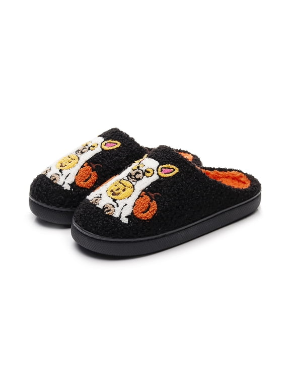 Womens Mens Halloween Slippers Retro Cozy Fluffy Plush Slipper Embroidered Ghost Printing Warm Memory Foam Indoor Outdoor House Shoes Black