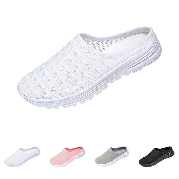 Domzle Womens Walking Shoes Breathable Mesh Mules Sneakers Open Back Slip On Slippers Backless Tennis Shoes Non-Slip Lightweight Casual Sports Shoe White