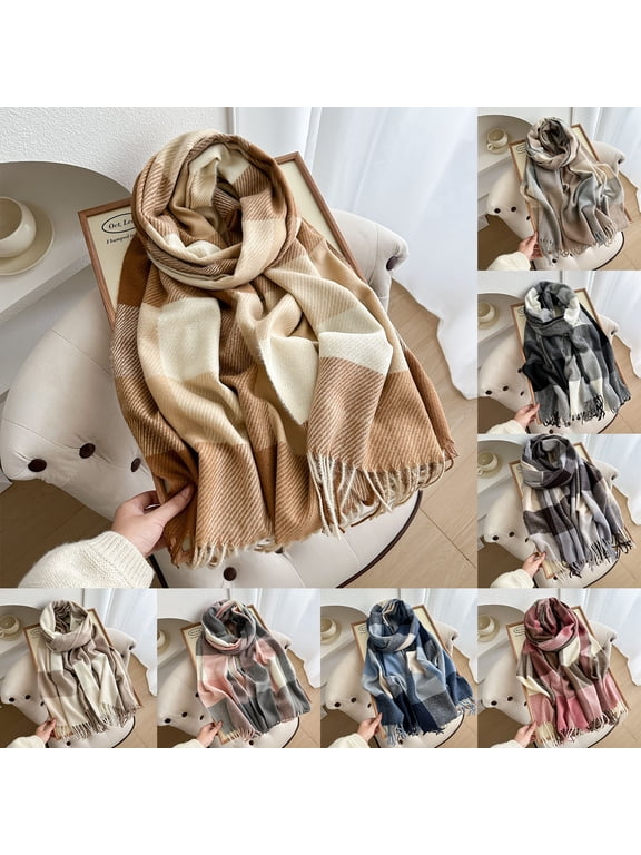 Womens Winter Scarf, Plaid Blanket Scarf, Cozy Pashmina Shawl Classic Plaid Design, Long Length Wraps as Shawl or Blanket, for Cold Weather & Daily Wear Camel