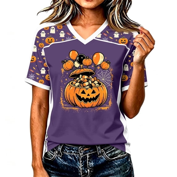 Domzst Short Sleeve Shirts for Women V Neck Halloween Pumpkin Graphic Tshirt Raglan Cute Tee Shirt Purple S