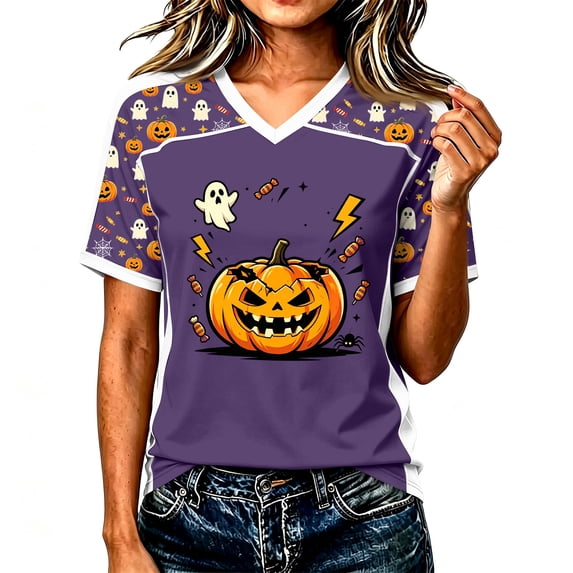 Domzst Womens Short Sleeve Shirts V Neck Pumpkin Ghost Candy Graphic Tee Shirt Raglan Funny Tunic Tops Light Purple XXL