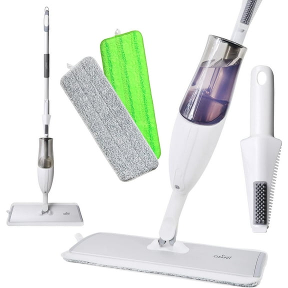Don Aslett's Spray Mop Plus+ for Floor Cleaning| 360 Rotatable Head | Reusable Microfiber Pad | Rubber Scraper | Refillable Bottle | Suitable for All Floor Types Including Laminate, Hardwood, Tile
