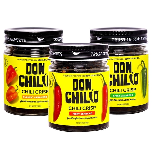 Don Chilio Chile Crisp Bundle of 3 Jars Crunchy Sliced Habanero, Jalapenos, & Serrano Fried Peppers in Hot Seasoned Olive Oil 100% Natural Ingredients Perfect for Keto & Paleo Diets 5 Oz./Jar