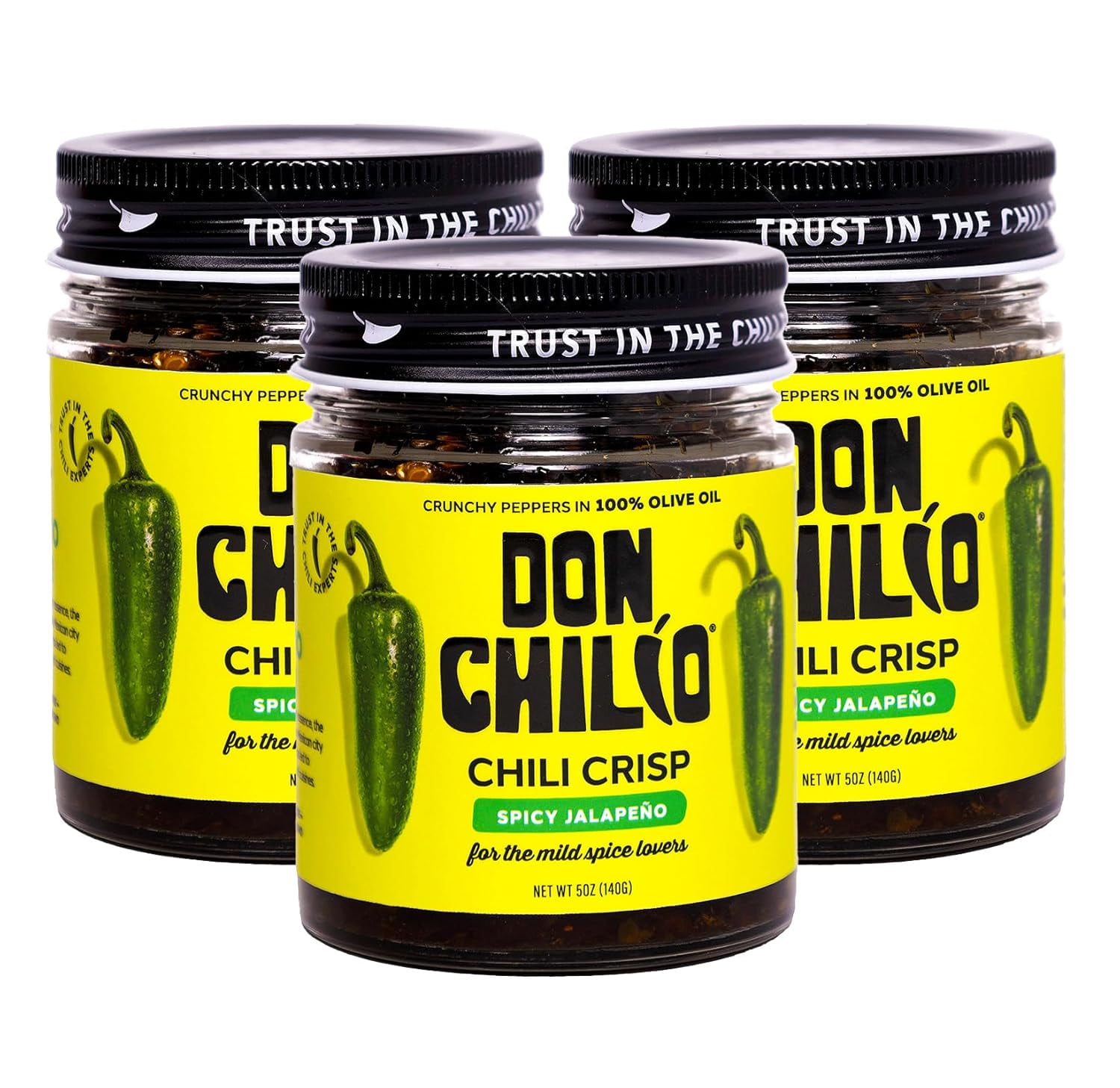 Don Chilio Chile Crisp Bundle of 3 Jars – Crunchy Sliced Jalapenos Fried Peppers in Hot Seasoned Olive Oil – 100% Natural Ingredients Perfect for Keto & Paleo Diets – 5 Oz./Jar