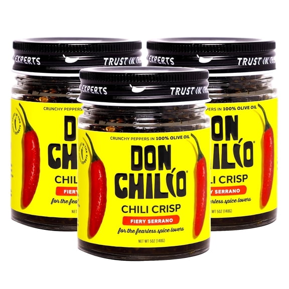 Don Chilio Chile Crisp Bundle of 3 Jars  Crunchy Sliced Serrano Fried Peppers in Hot Seasoned Olive Oil  100% Natural Ingredients Perfect for Keto & Paleo Diets  5 Oz./Jar