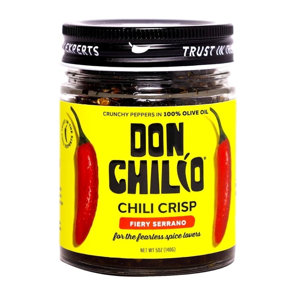 Don Chilio Medium Heat Serrano Mexican Chile Crisp, 5 oz.  Crunchy Sliced Serrano Fried Chili Peppers in Hot Seasoned 100% Olive Oil  Keto-Friendly, Vegan, Gluten Free