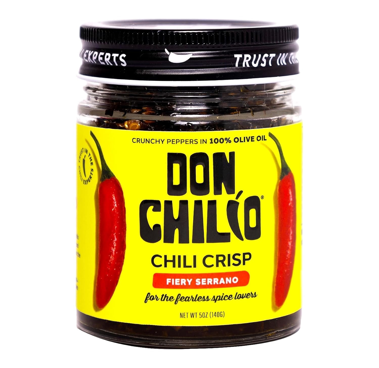 Don Chilio Medium Heat Serrano Mexican Chile Crisp, 5 oz.  Crunchy Sliced Serrano Fried Chili Peppers in Hot Seasoned 100% Olive Oil  Keto-Friendly, Vegan, Gluten Free