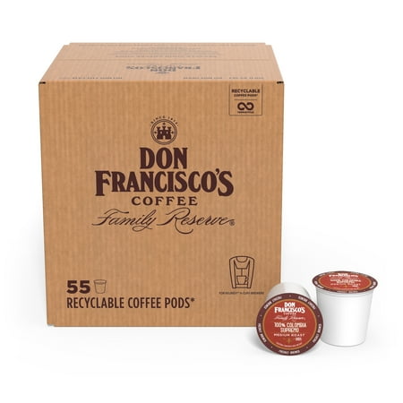 Don Francisco's 100% Colombia Supremo Medium Roast Coffee: 55 K-Cup Compatible Single-Serve Pods, 100% Arabica, Recyclable through Terracycle - Floral Aroma with Winey Notes