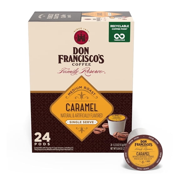Don Francisco's Caramel Flavored Coffee Pods, 24 Count, Medium Roast, Compatible with Keurig Brewers