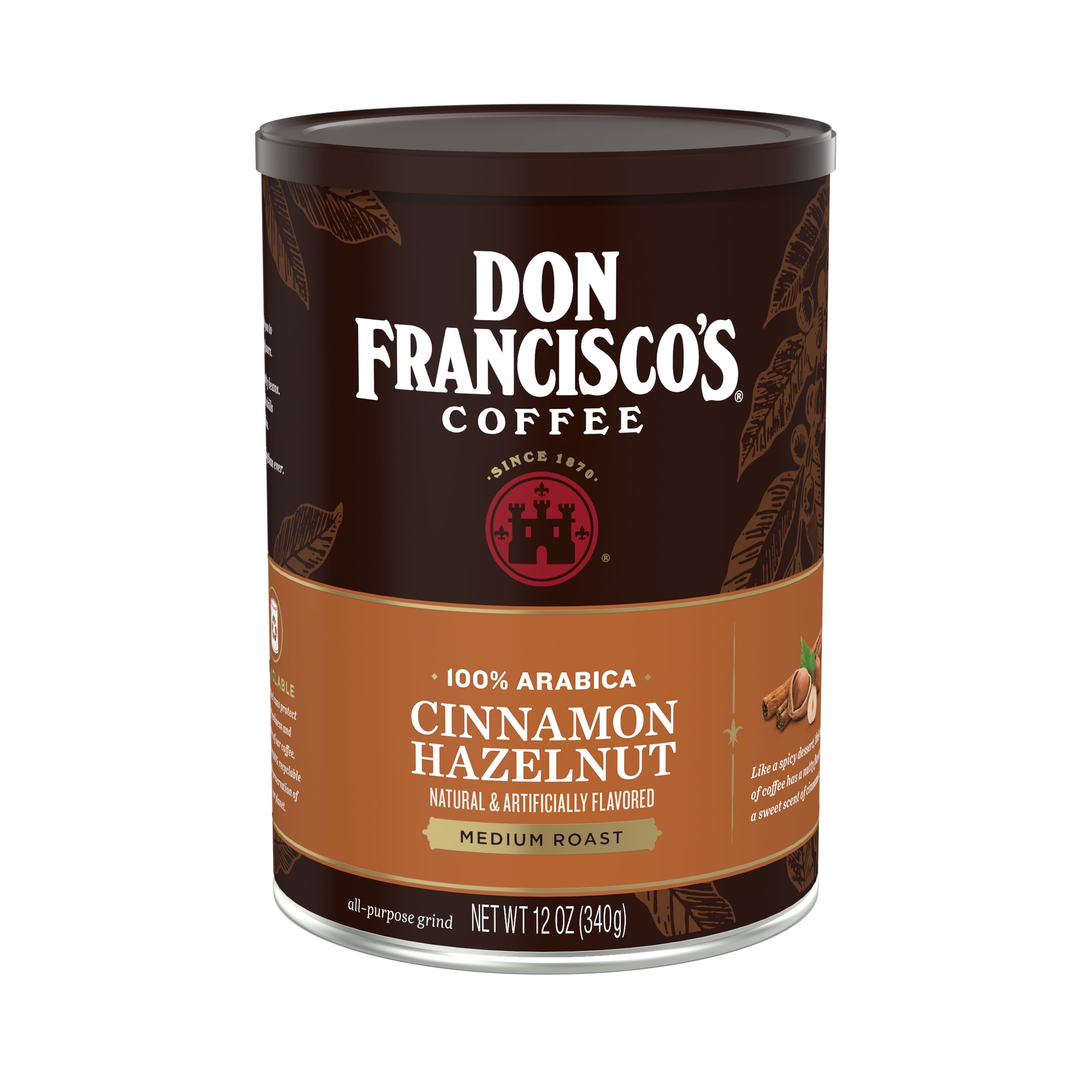DON FRANCISCO'S COFFEE Don Francisco's Cinnamon Hazelnut Ground Flavored Coffee: Rich, Aromatic 100% Arabica Blend - Medium Roast for a Delightful Morning Brew (12 oz Can)