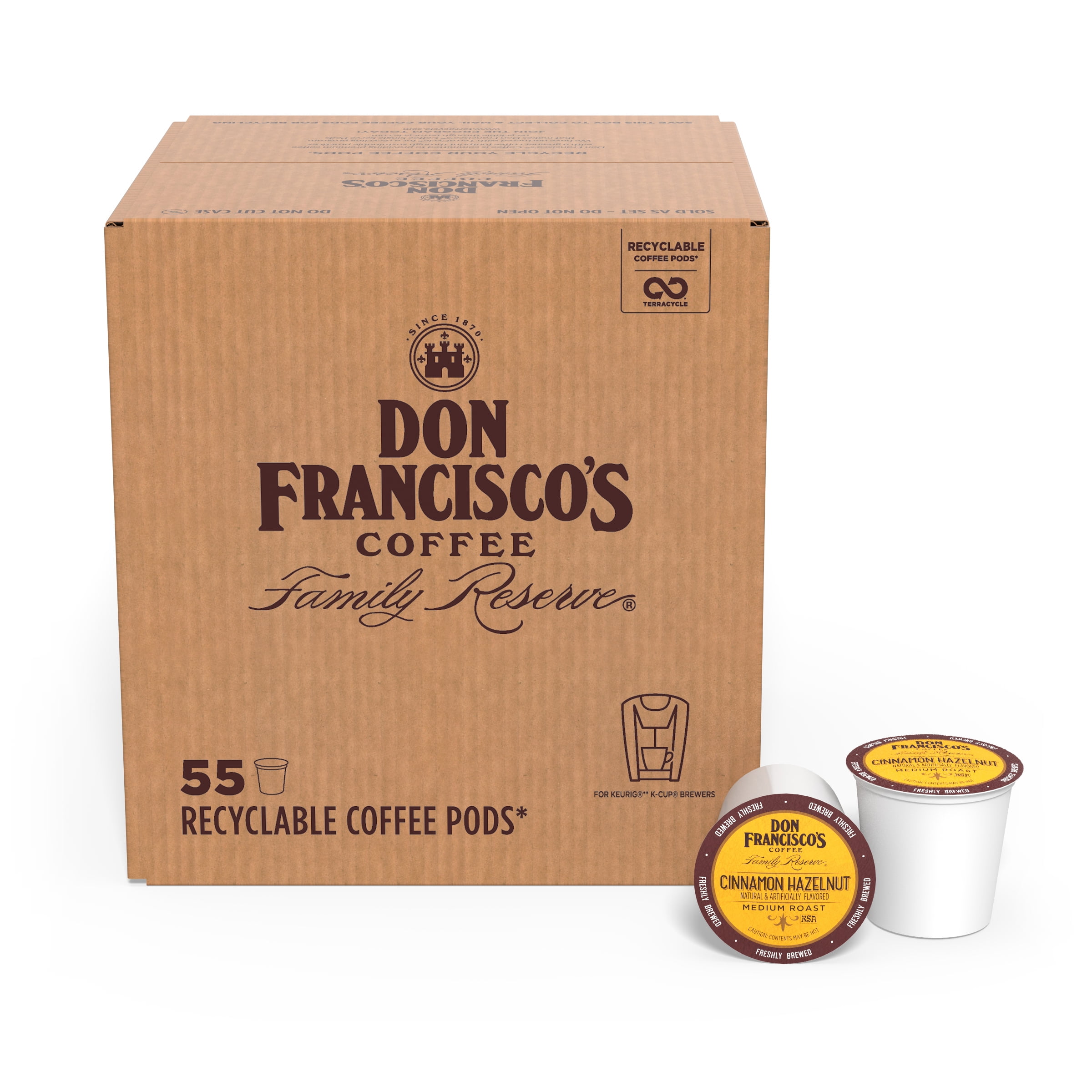 Don Francisco's Cinnamon Hazelnut Medium Roast Coffee - 55 K-Cup Compatible Single-Serve Pods - 100% Arabica - Recyclable through TerraCycle - Family Crafted Since 1870