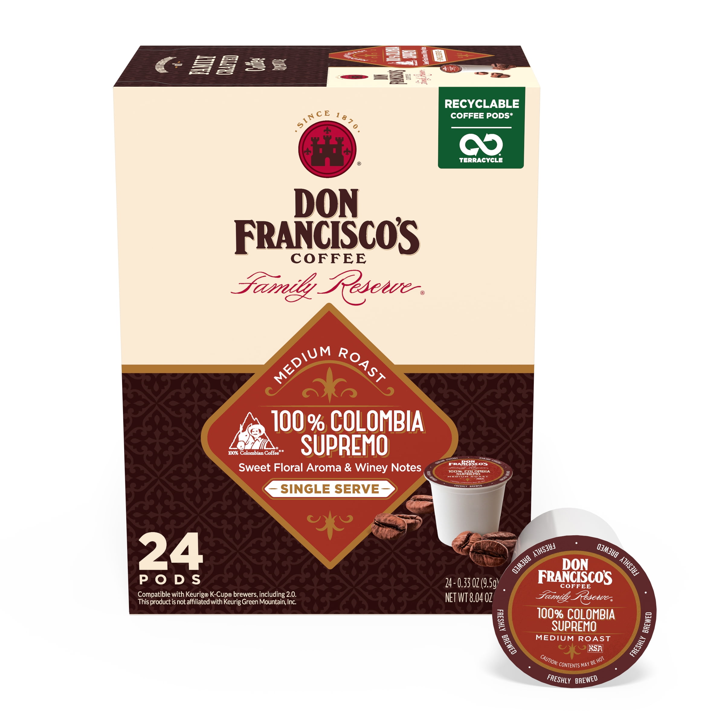 Don Francisco's Colombia Medium Roast Coffee: 24 K-Cup Compatible Single-Serve Pods, 100% Arabica, Recyclable through Terracycle - Floral Aroma with Winey Notes