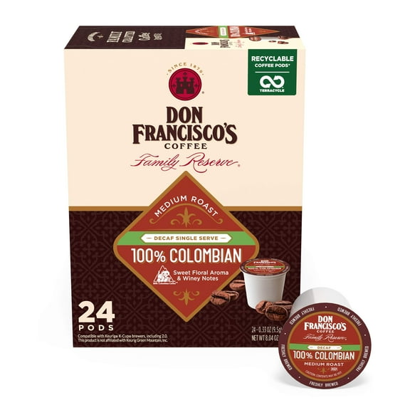 Don Francisco's Decaf 100% Colombia Coffee Pods, 24 Count, Medium Roast, Compatible with Keurig Brewers