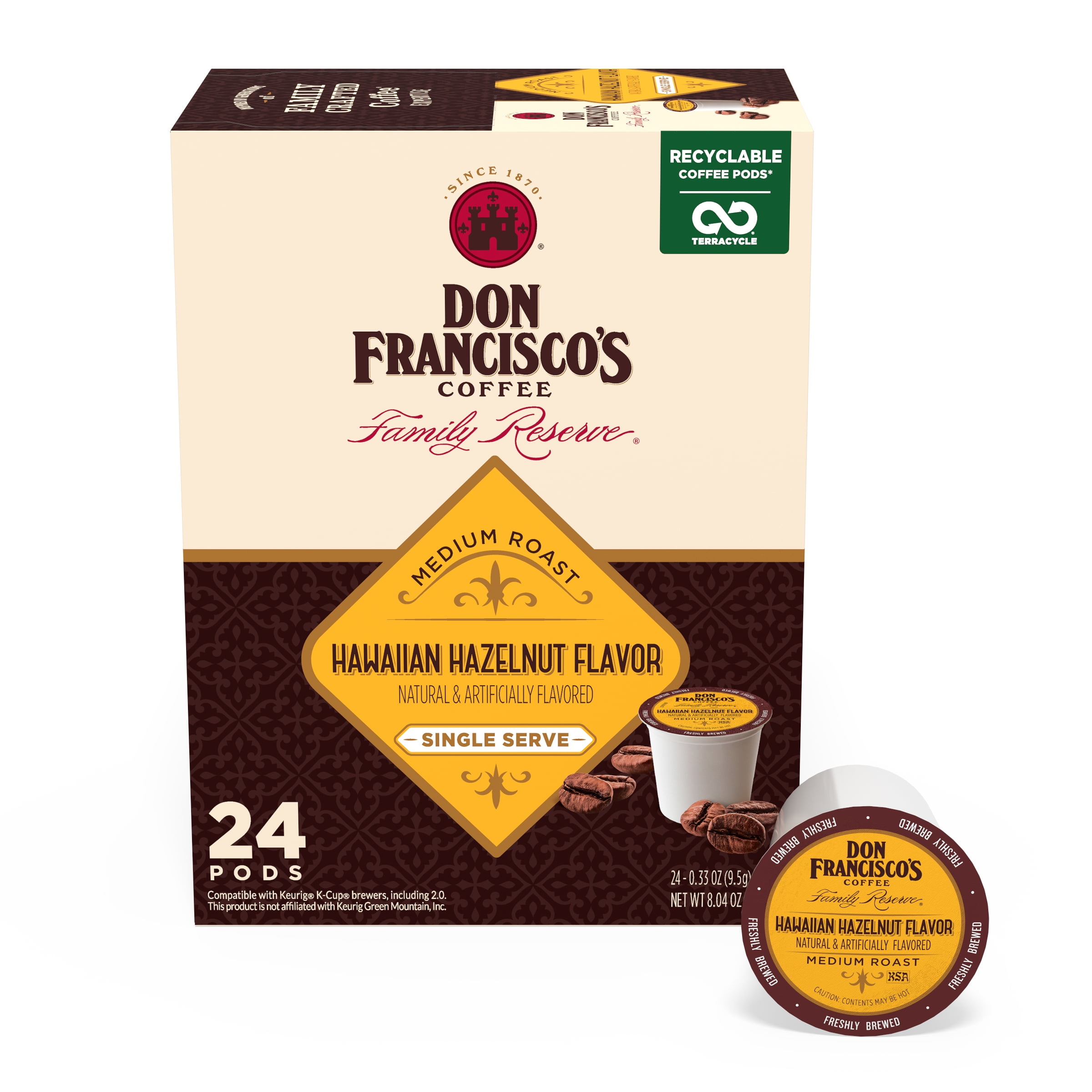 Don Francisco's Hawaiian Hazelnut Medium Roast Coffee - 24 K-Cup Compatible Single-Serve Pods - 100% Arabica with Coconut Flavor - Recyclable through Terracycle