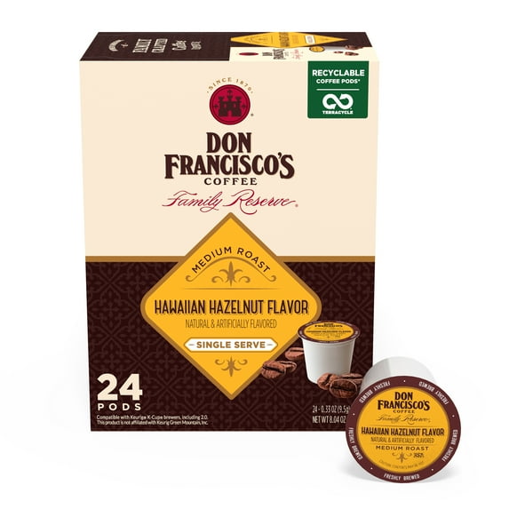 Don Francisco's Hawaiian Hazelnut Medium Roast Coffee Pods, 24 Count, Arabica with Coconut Flavor for Keurig Machines