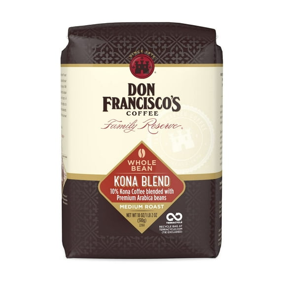 Don Francisco's Kona Blend Whole Bean Coffee, Medium Roast 100% Arabica, 18 oz Bag, Premium Coffee for Drip, Pour Over and French Press