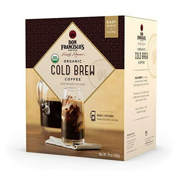 Don Francisco's Organic Cold Brew Coffee Pitcher Packs - Premium 100% Arabica Beans, Medium-Dark Roast, Easy at Home Process, Makes 4 Pitchers (8 Pks) - Smooth, Rich Taste with Chocolate Notes