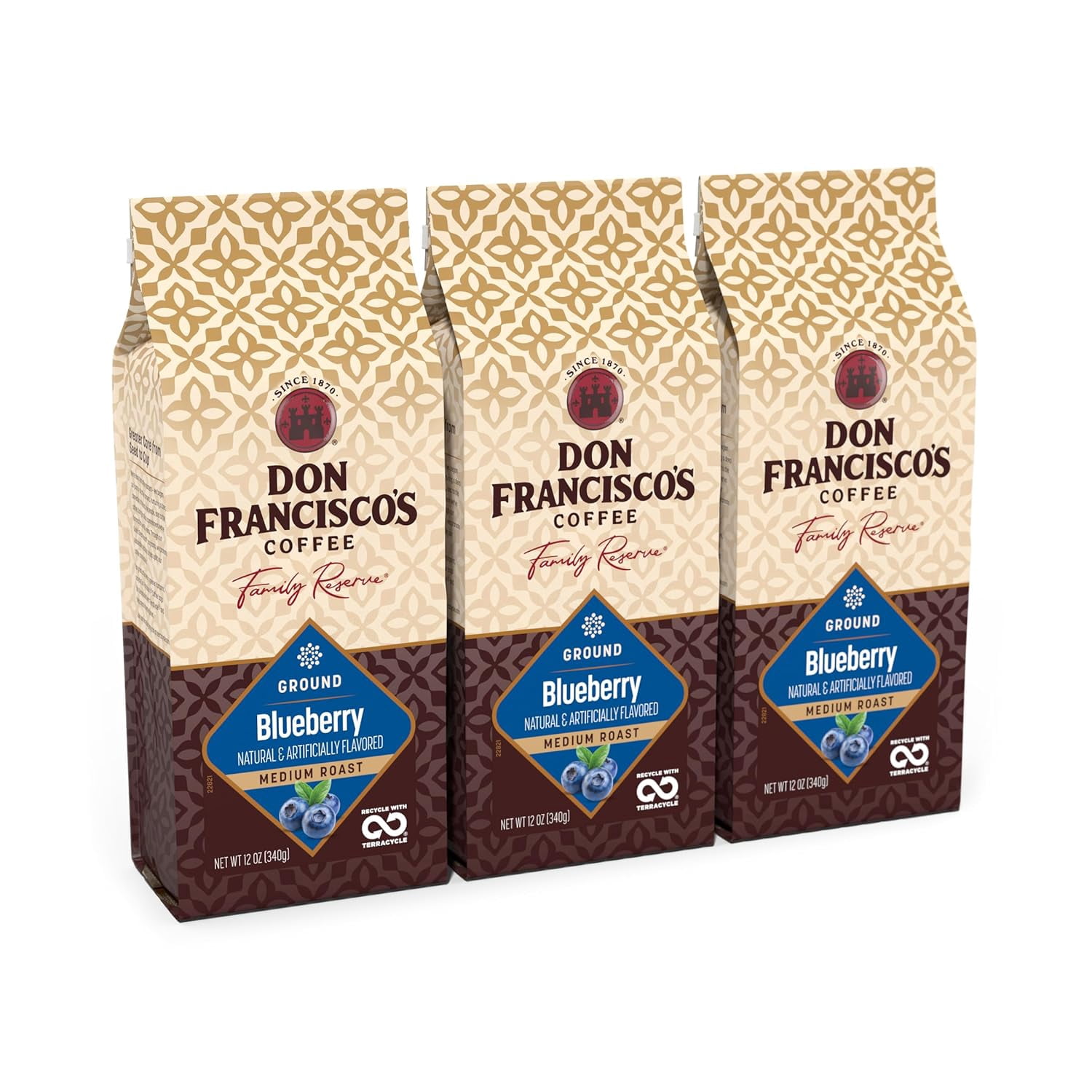 Don Francisco's Premium Blueberry Flavored Ground Coffee: 100% Arabica Beans, Rich Aroma, Perfect for Drip, Pour-Over, and French Press (3 X 12 oz Bag)