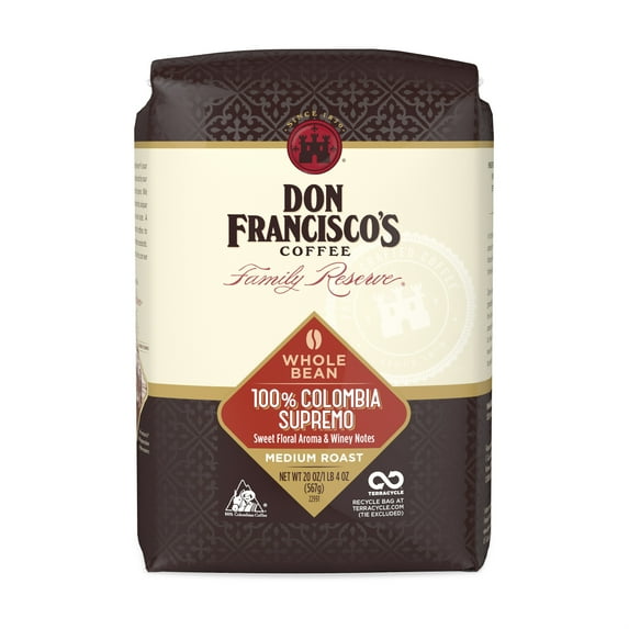 Don Francisco's Premium Colombia Supremo Whole Bean Coffee - 100% Arabica Specialty Coffee Beans, Family-Crafted Since 1870, Perfect for Drip, Pour-Over, and French Press (20 oz)