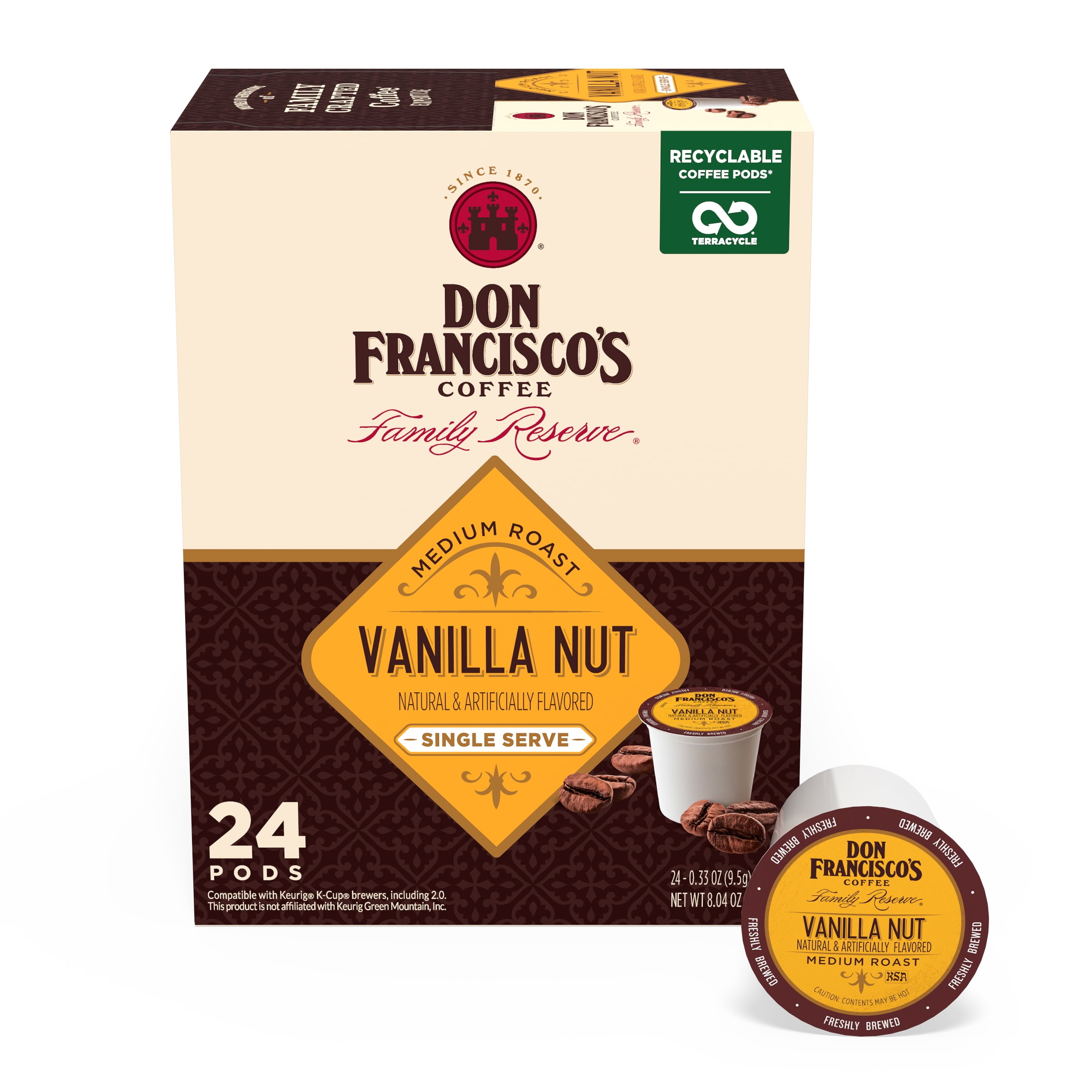Don Francisco's Vanilla Nut Medium Roast Coffee Pods - 24 K Cups Compatible with Keurig Brewers - 100% Arabica Single Serve - Smooth, Rich Flavor and Nutty Notes