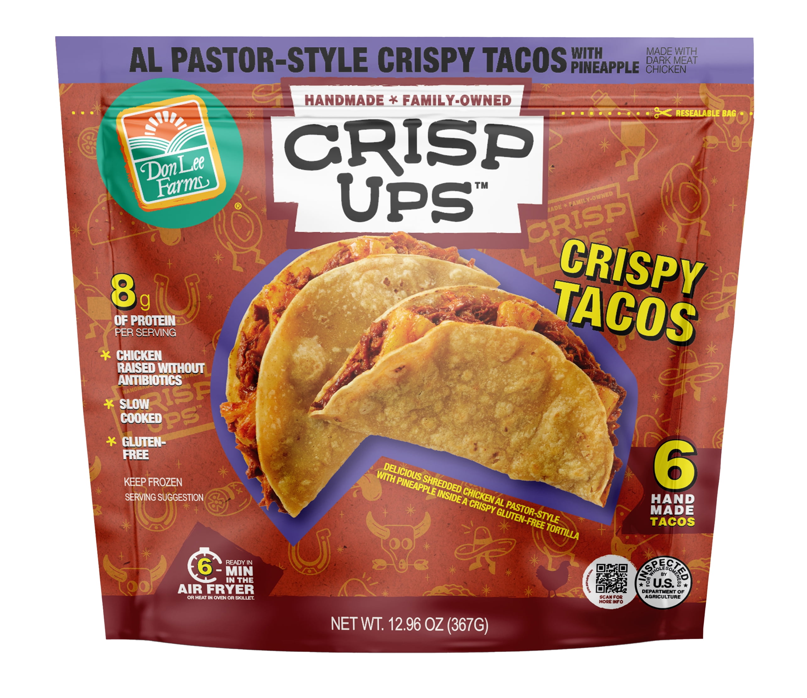 Don Lee Farms CrispUps Al Pastor Chicken Crispy Tacos, 6 FullSized
