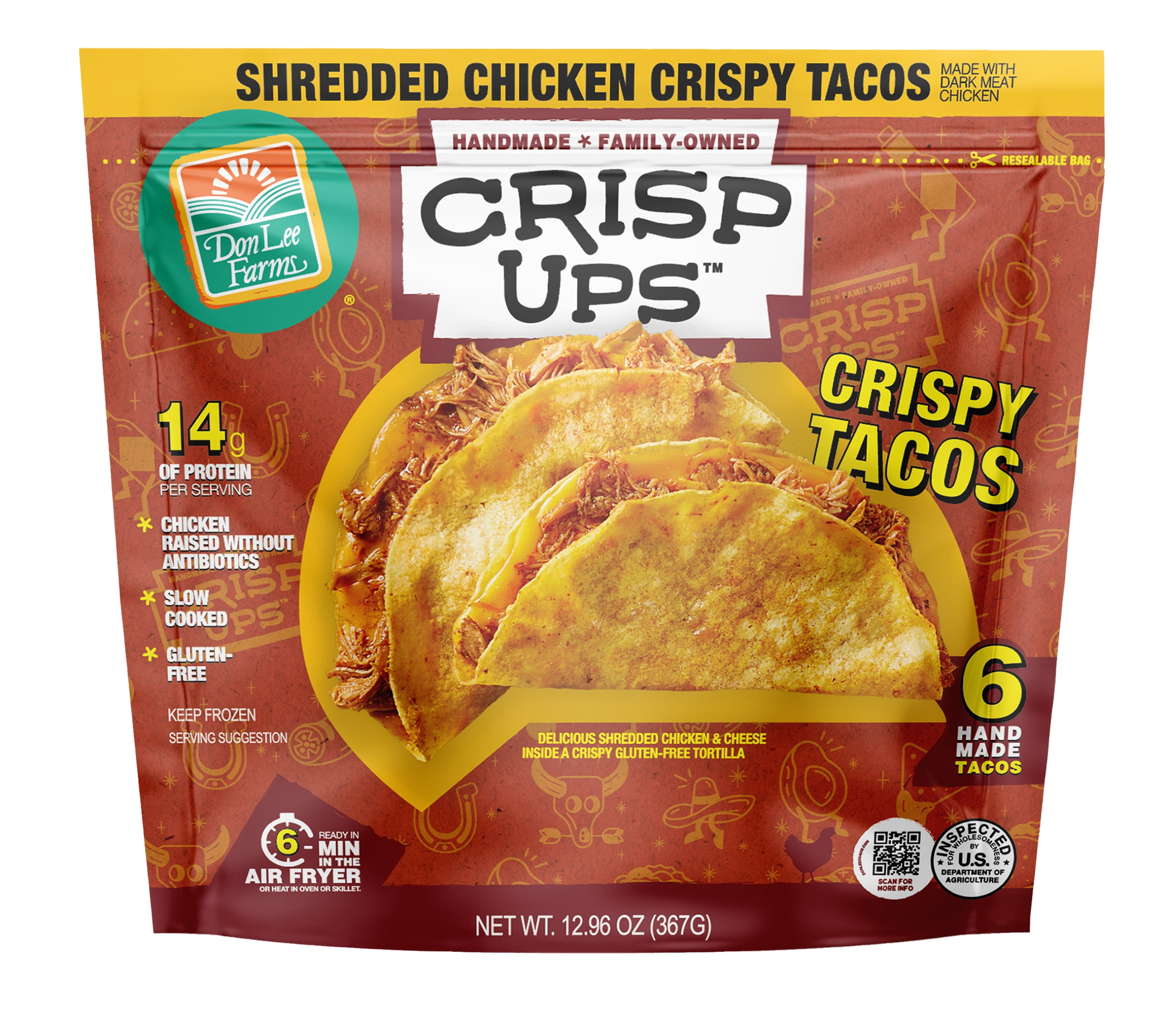 Don Lee Farms CrispUps™ Shredded Chicken Tacos, 12.96 oz, 6 FullSized