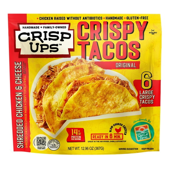 Don Lee Farms CrispUps Shredded Chicken Tacos, 12.96 oz bag, 6 Full-Sized Tacos, Frozen