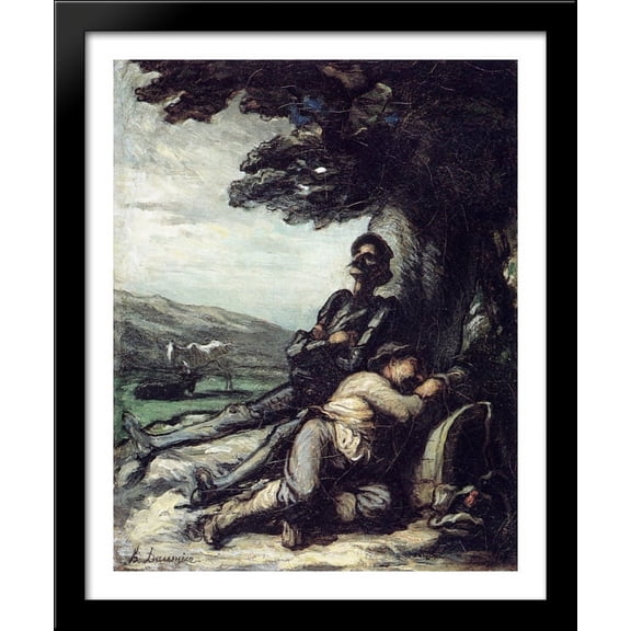 Don Quixote and Sancho Pansa Having a Rest under a Tree 28x34 Large Black Wood Framed Print Art by Honore Daumier