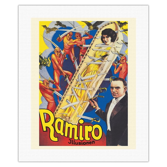 Don Ramiro - Spanish Magician - Death of Swords Illusion - Vintage Magic Poster c.1920s - Fine Art Rolled Canvas Print 16in x 20in