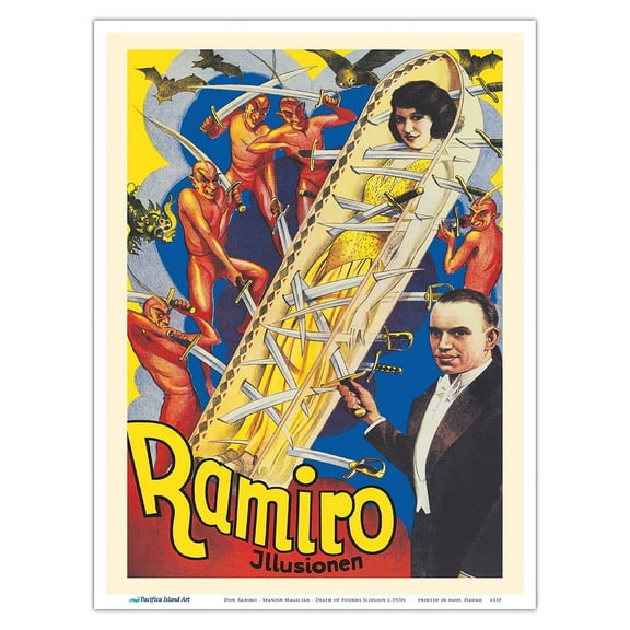 Don Ramiro - Spanish Magician - Death of Swords Illusion - Vintage Magic Poster c.1920s - Master Art Print (Unframed) 9in x 12in