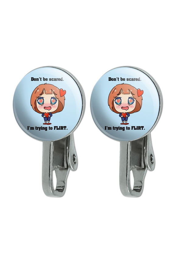 Don't Be Scared I'm Trying to Flirt Kawaii Chibi Heart Novelty Clip-On Stud Earrings