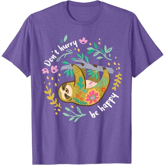 Don't Hurry Be Happy Cute Lazy Funny Sloth Floral Unisex T-Shirt for Men Women Kids Toddler,Violet Color,Size 3XL