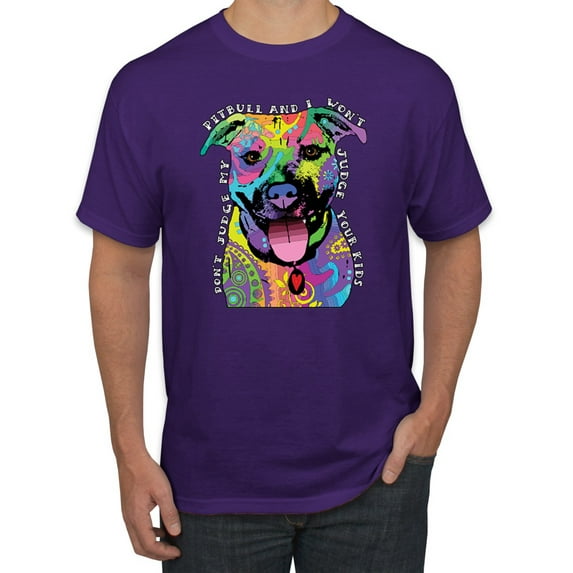Don't Judge My Pitbull I Won't Judge Your Kids Funny Dog Lover Men's Graphic T-Shirt, Purple, Large