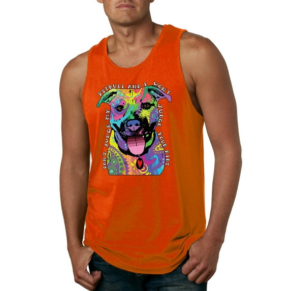 Don't Judge My Pitbull I Won't Judge Your Kids Funny Dog Lover Mens Graphic Tank Top, Orange, Small